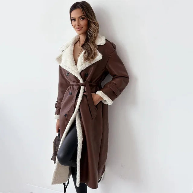 Dames Lange Teddy Trenchcoat Met Reverskraag En Ceintuur