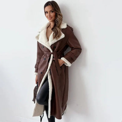 Dames Lange Teddy Trenchcoat Met Reverskraag En Ceintuur