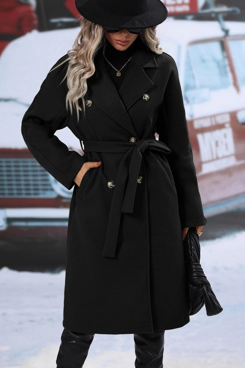 Dames Lange Wollen Trenchcoat Met Dubbele Knopensluiting En Reverskraag