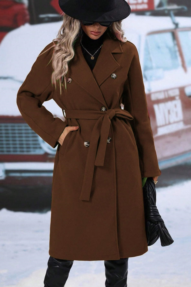 Dames Lange Wollen Trenchcoat Met Dubbele Knopensluiting En Reverskraag