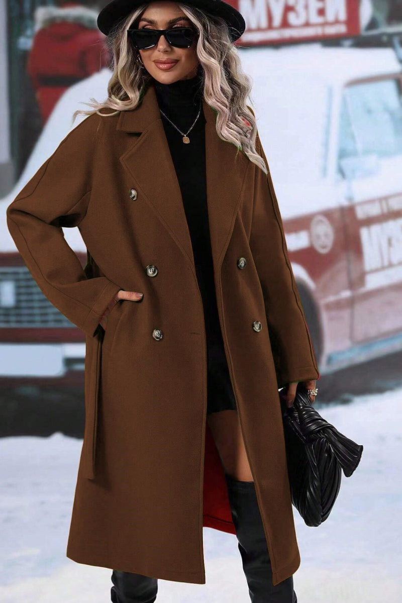 Dames Lange Wollen Trenchcoat Met Dubbele Knopensluiting En Reverskraag