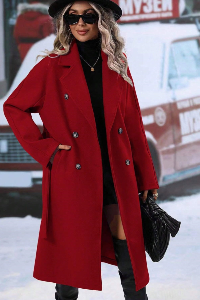 Dames Lange Wollen Trenchcoat Met Dubbele Knopensluiting En Reverskraag