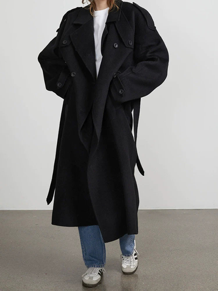 Dames Lange Oversized Trenchcoat Met Dubbele Knopenrij En Tailleband