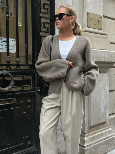 Dames Stijlvol Gebreide Cardigan Met Knoopsluiting En V-Hals