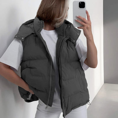 Dames Gevoerde Winter Bodywarmer Met Rits En Hoodie