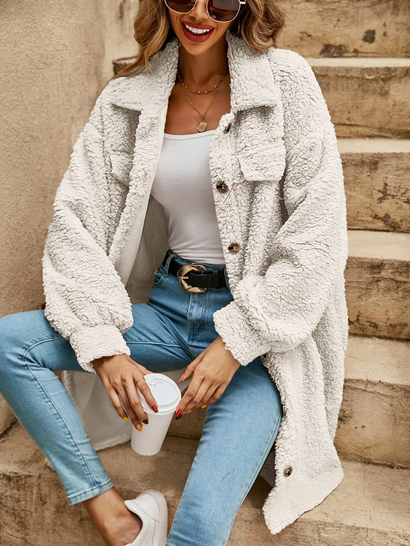 Dames Lange Teddy Cardigan Met Knoopsluiting En Lange Mouwen