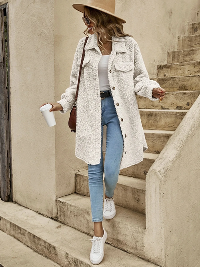 Dames Lange Teddy Cardigan Met Knoopsluiting En Lange Mouwen