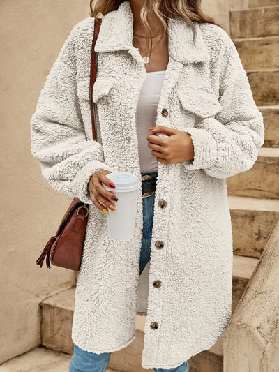 Dames Lange Teddy Cardigan Met Knoopsluiting En Lange Mouwen