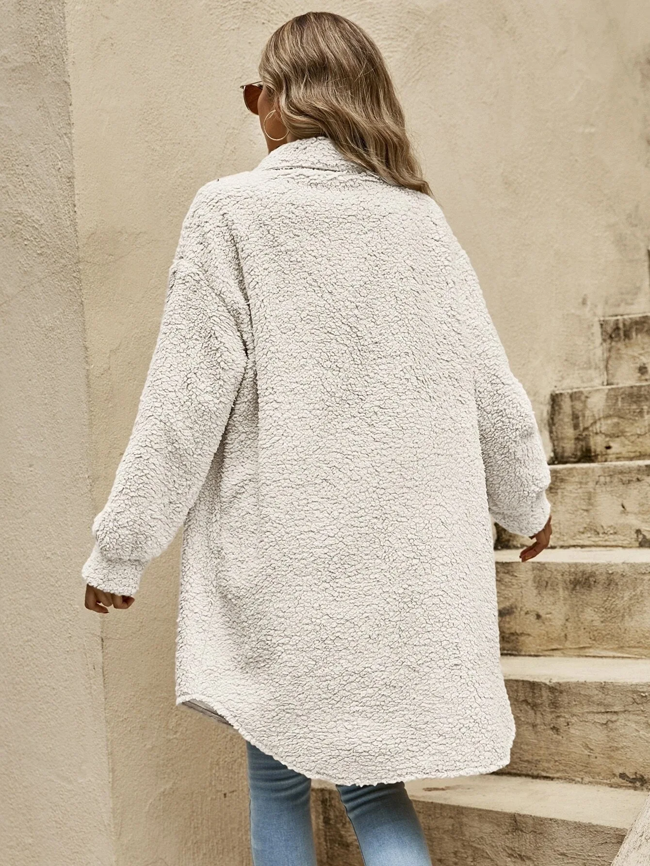 Dames Lange Teddy Cardigan Met Knoopsluiting En Lange Mouwen