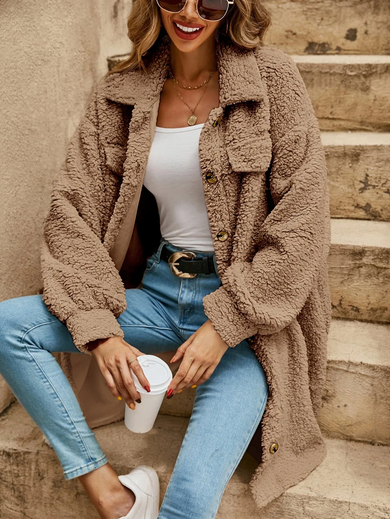 Dames Lange Teddy Cardigan Met Knoopsluiting En Lange Mouwen