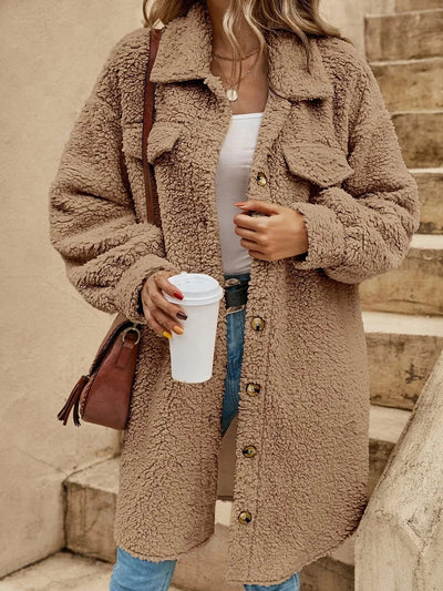 Dames Lange Teddy Cardigan Met Knoopsluiting En Lange Mouwen