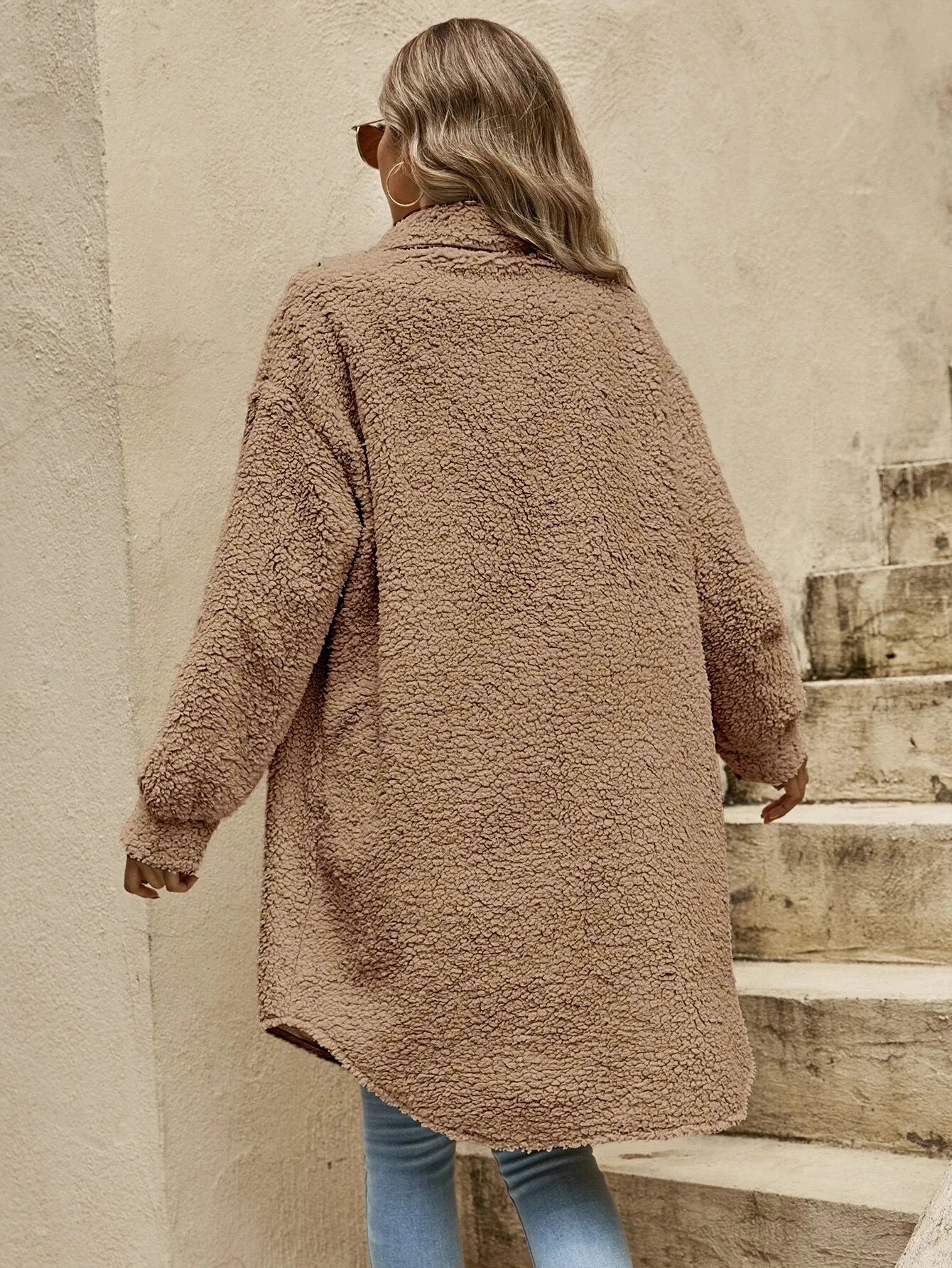 Dames Lange Teddy Cardigan Met Knoopsluiting En Lange Mouwen