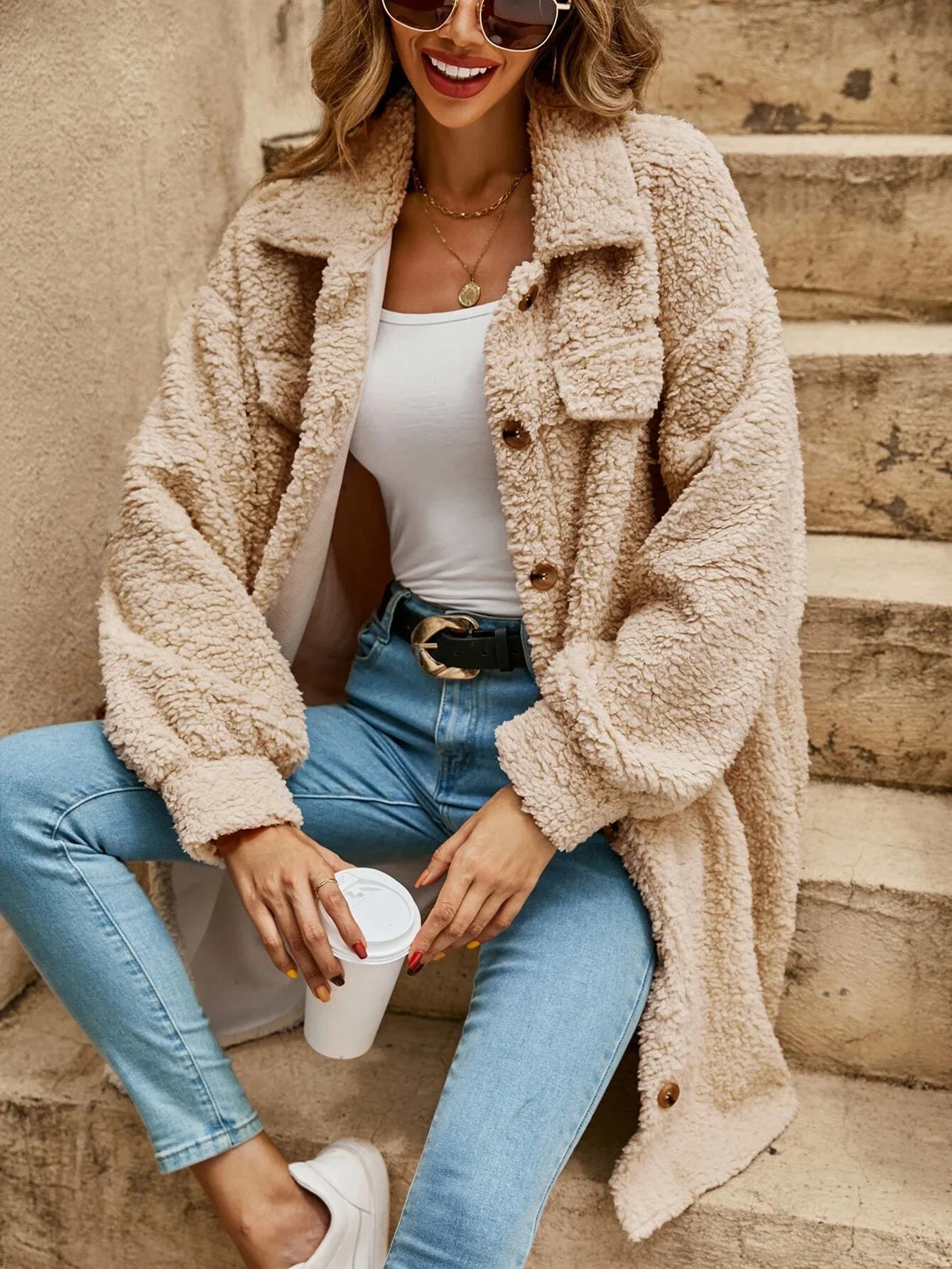 Dames Lange Teddy Cardigan Met Knoopsluiting En Lange Mouwen