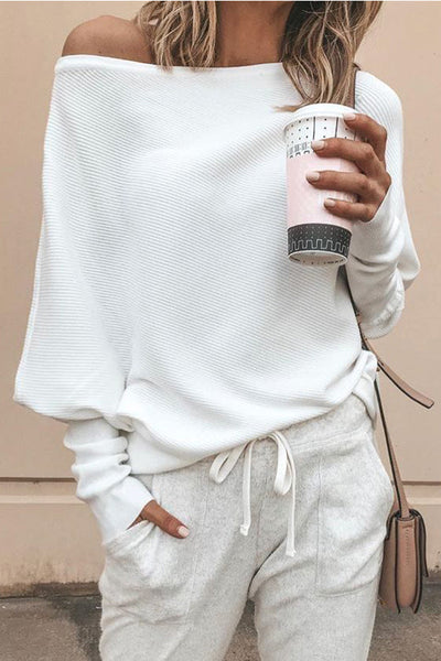 Dames Geribbelde Off-Shoulder Trui Met Lange Mouwen