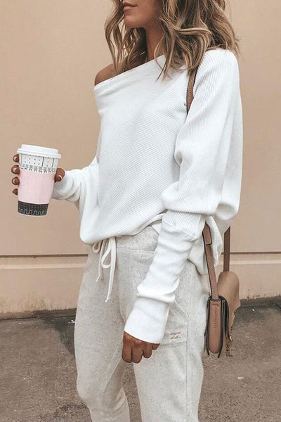 Dames Geribbelde Off-Shoulder Trui Met Lange Mouwen