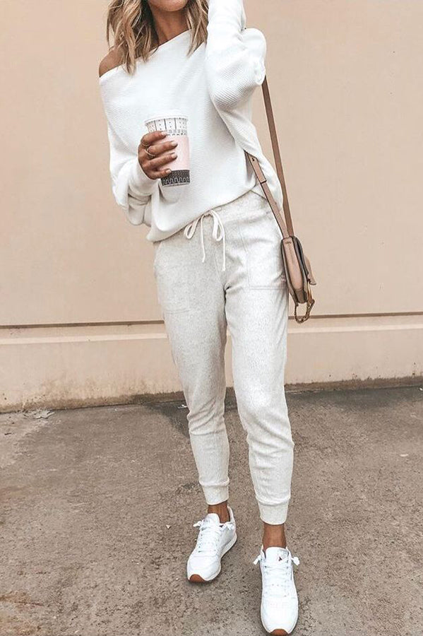 Dames Geribbelde Off-Shoulder Trui Met Lange Mouwen