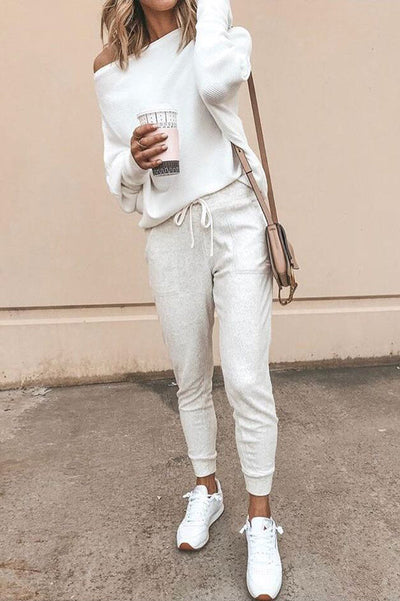 Dames Geribbelde Off-Shoulder Trui Met Lange Mouwen