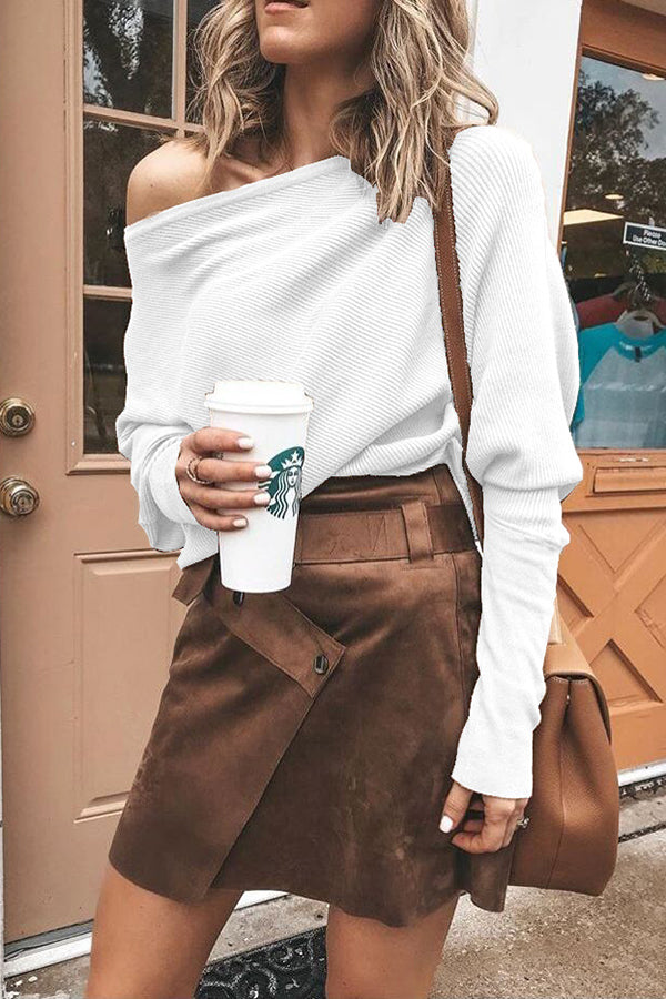 Dames Geribbelde Off-Shoulder Trui Met Lange Mouwen