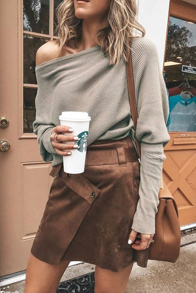 Dames Geribbelde Off-Shoulder Trui Met Lange Mouwen