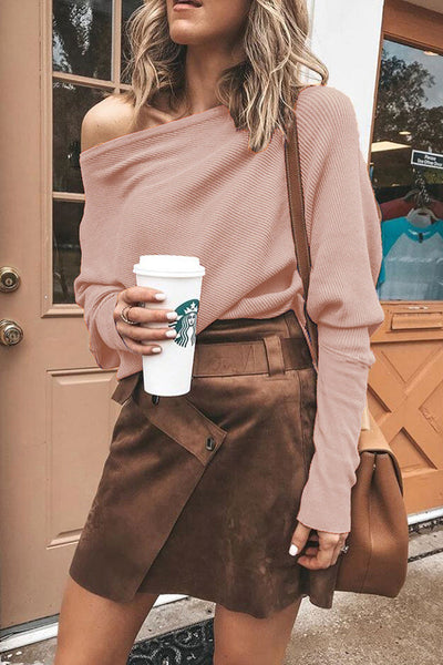 Dames Geribbelde Off-Shoulder Trui Met Lange Mouwen