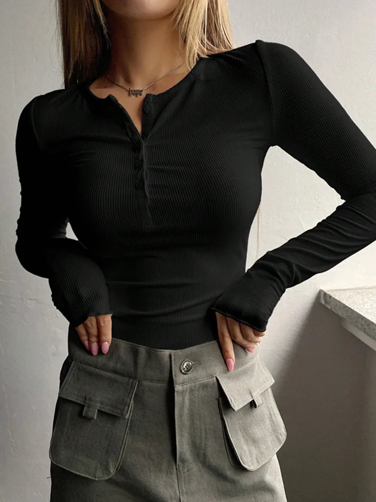 Dames Rib Henley Blouse Met Lange Mouwen En Knoopsluiting
