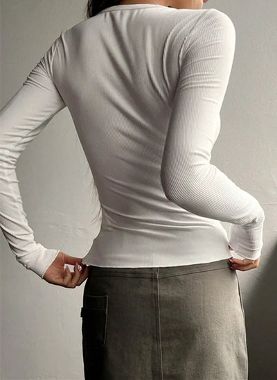 Dames Rib Henley Blouse Met Lange Mouwen En Knoopsluiting