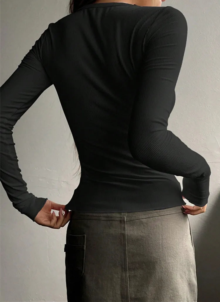 Dames Rib Henley Blouse Met Lange Mouwen En Knoopsluiting