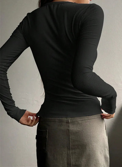 Dames Rib Henley Blouse Met Lange Mouwen En Knoopsluiting