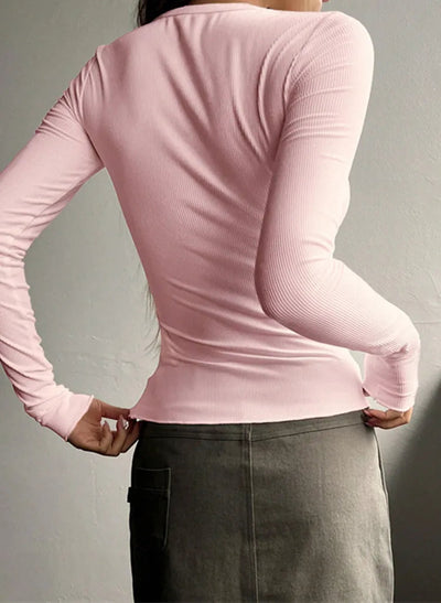 Dames Rib Henley Blouse Met Lange Mouwen En Knoopsluiting