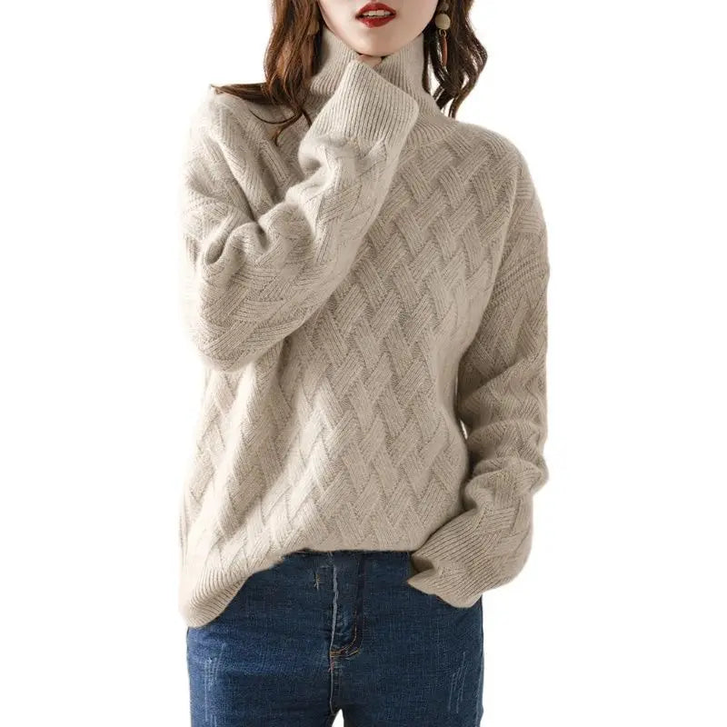 Dames Luxe Gebreide Coltrui Met Kabelpatroon En Lange Mouwen