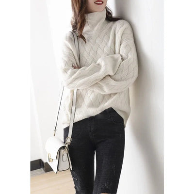 Dames Luxe Gebreide Coltrui Met Kabelpatroon En Lange Mouwen