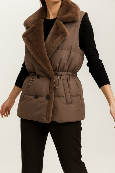 Dames Gewatteerde Bodywarmer Met Pluche Kraag En Tailleband