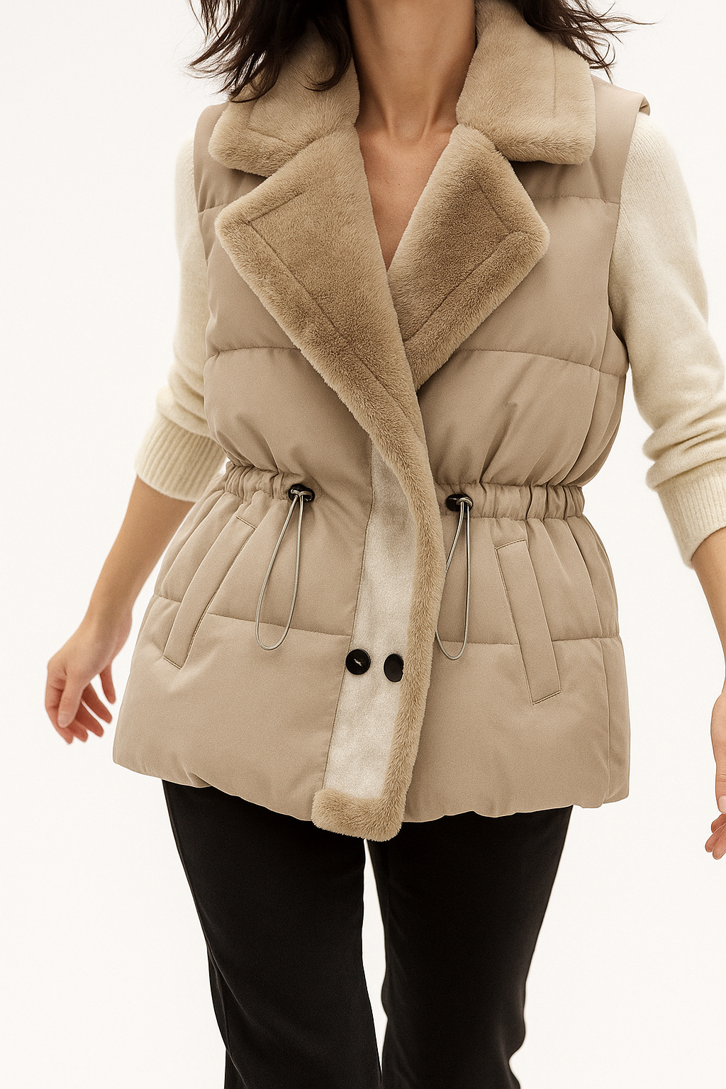 Dames Gewatteerde Bodywarmer Met Pluche Kraag En Tailleband