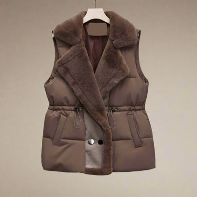 Dames Gewatteerde Bodywarmer Met Pluche Kraag En Tailleband
