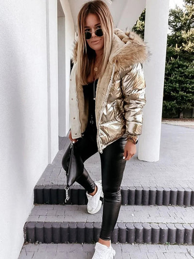 Dames Metallic Pufferjas Met Capuchon En Bontkraag