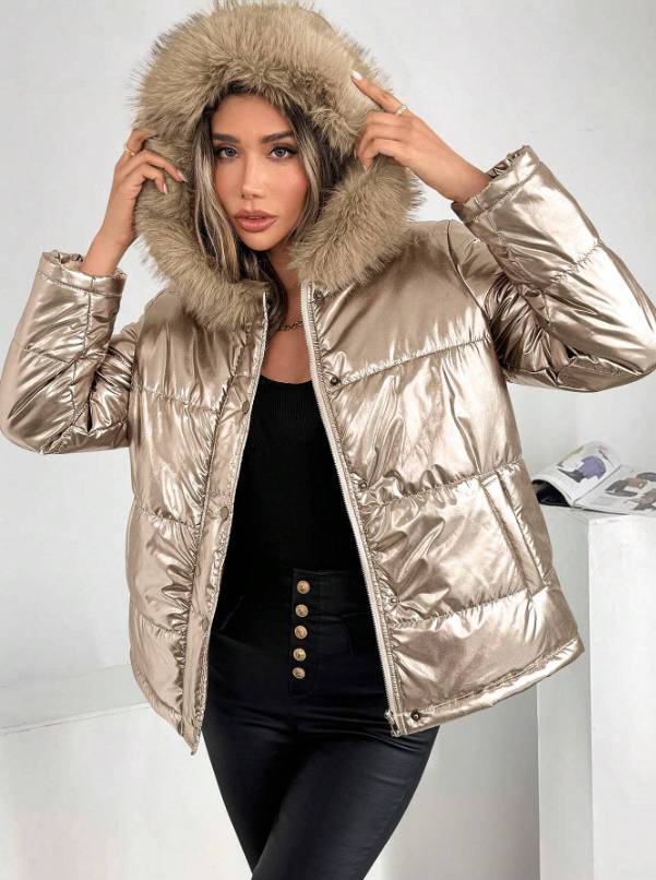 Dames Metallic Pufferjas Met Capuchon En Bontkraag