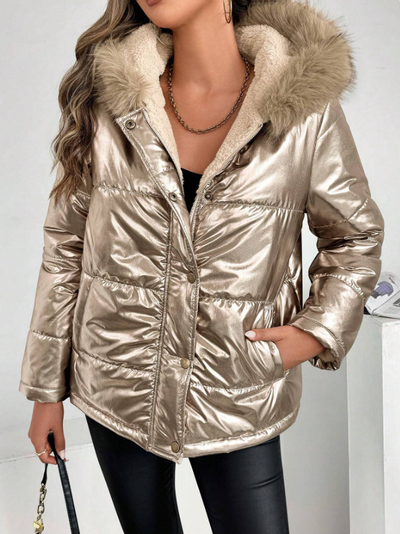 Dames Metallic Pufferjas Met Capuchon En Bontkraag