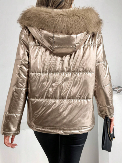 Dames Metallic Pufferjas Met Capuchon En Bontkraag