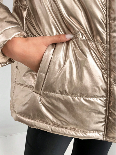 Dames Metallic Pufferjas Met Capuchon En Bontkraag