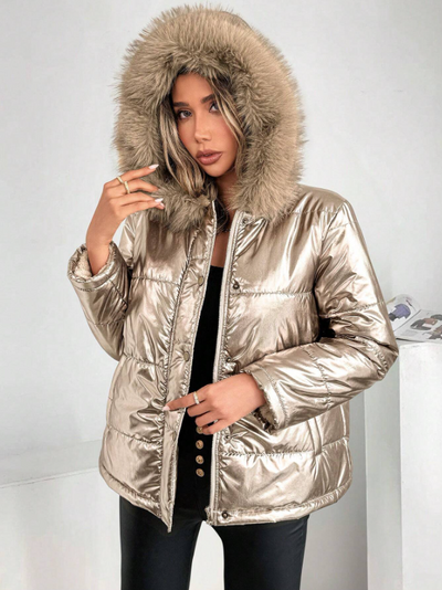 Dames Metallic Pufferjas Met Capuchon En Bontkraag