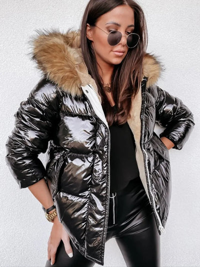 Dames Metallic Pufferjas Met Capuchon En Bontkraag
