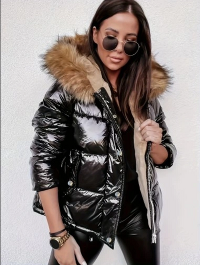 Dames Metallic Pufferjas Met Capuchon En Bontkraag
