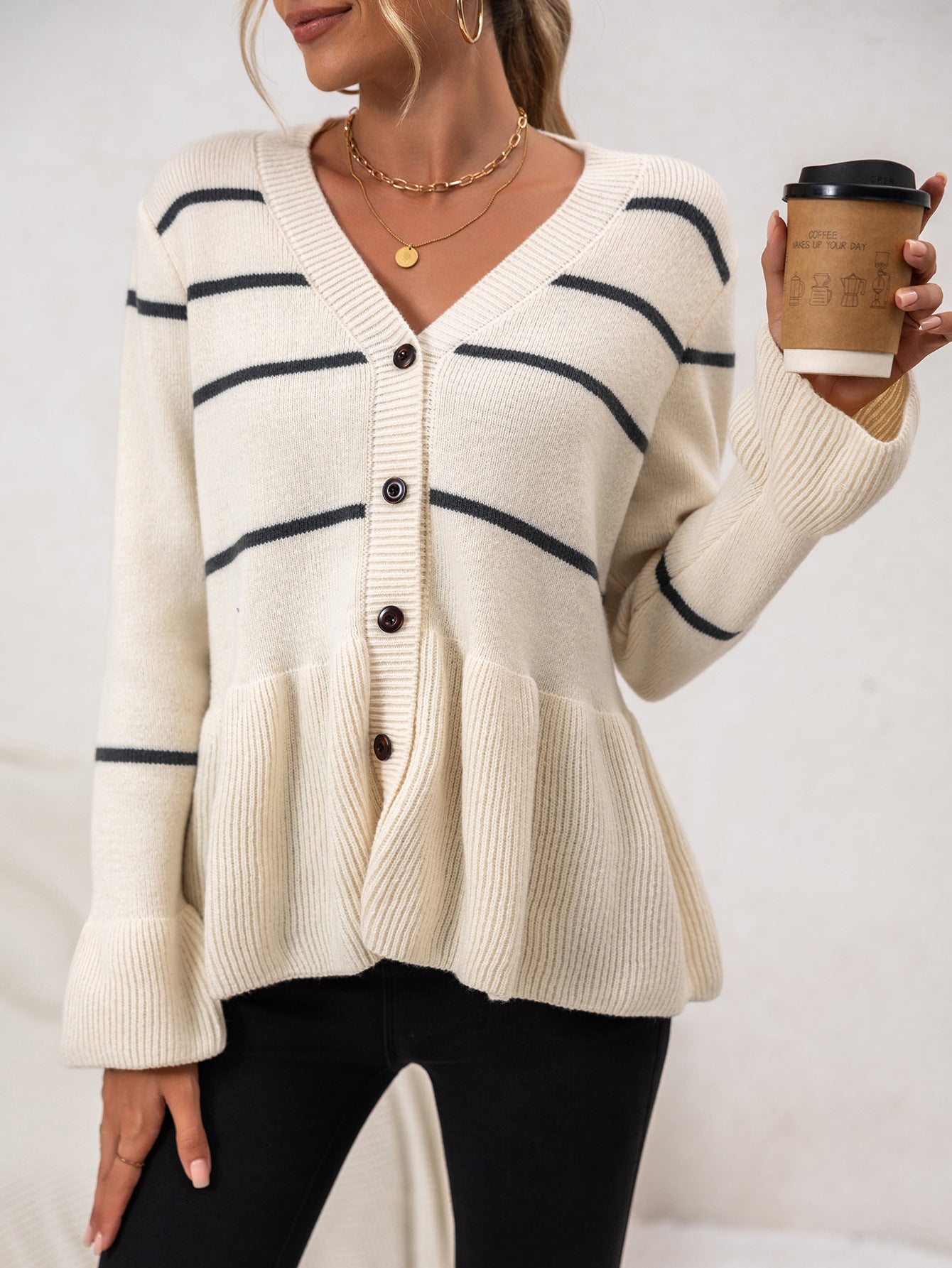 Dames Gestreepte Gebreide Cardigan Met V-Hals En Knoopsluiting