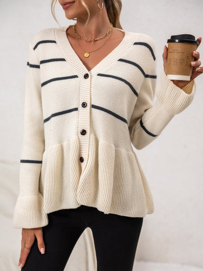 Dames Gestreepte Gebreide Cardigan Met V-Hals En Knoopsluiting