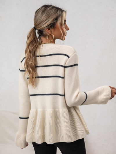 Dames Gestreepte Gebreide Cardigan Met V-Hals En Knoopsluiting