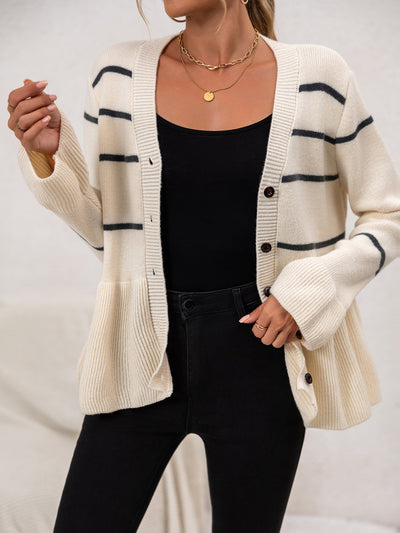 Dames Gestreepte Gebreide Cardigan Met V-Hals En Knoopsluiting