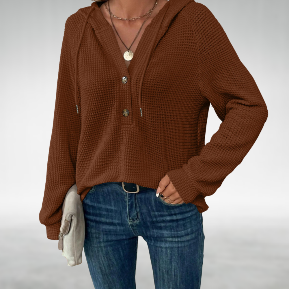 Dames Gebreide Hoodie Met Knoopsluiting En Lange Mouwen