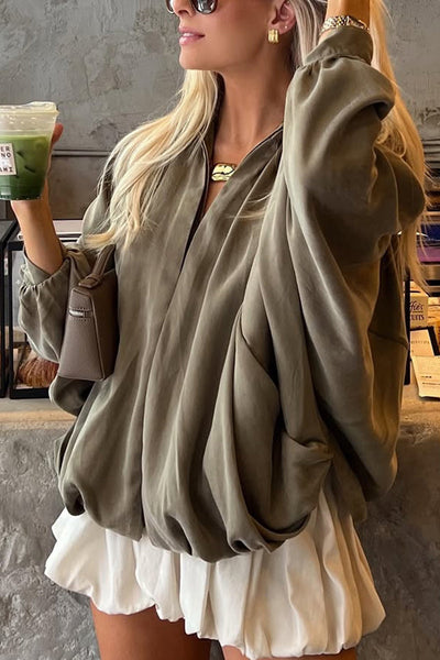 Dames Casual Jas Met Revers Lange Pofmouwen En Ritsluiting