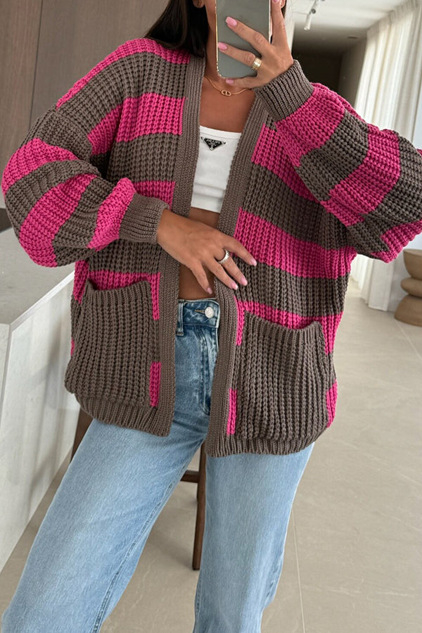 Dames Gestreept Gebreide Cardigan Met Zakken En Losse Pasvorm