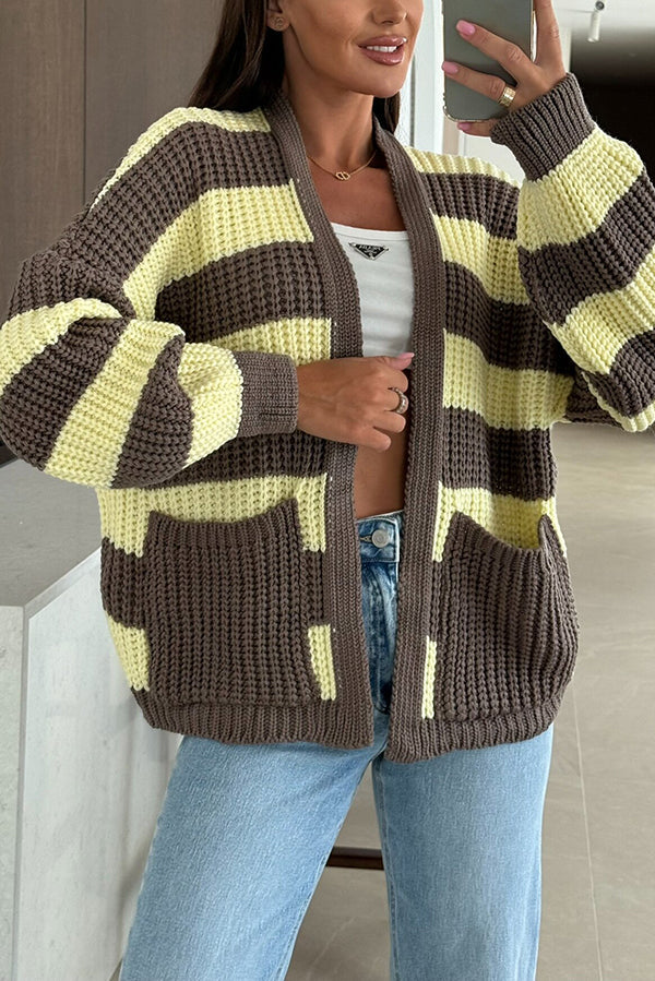 Dames Gestreept Gebreide Cardigan Met Zakken En Losse Pasvorm